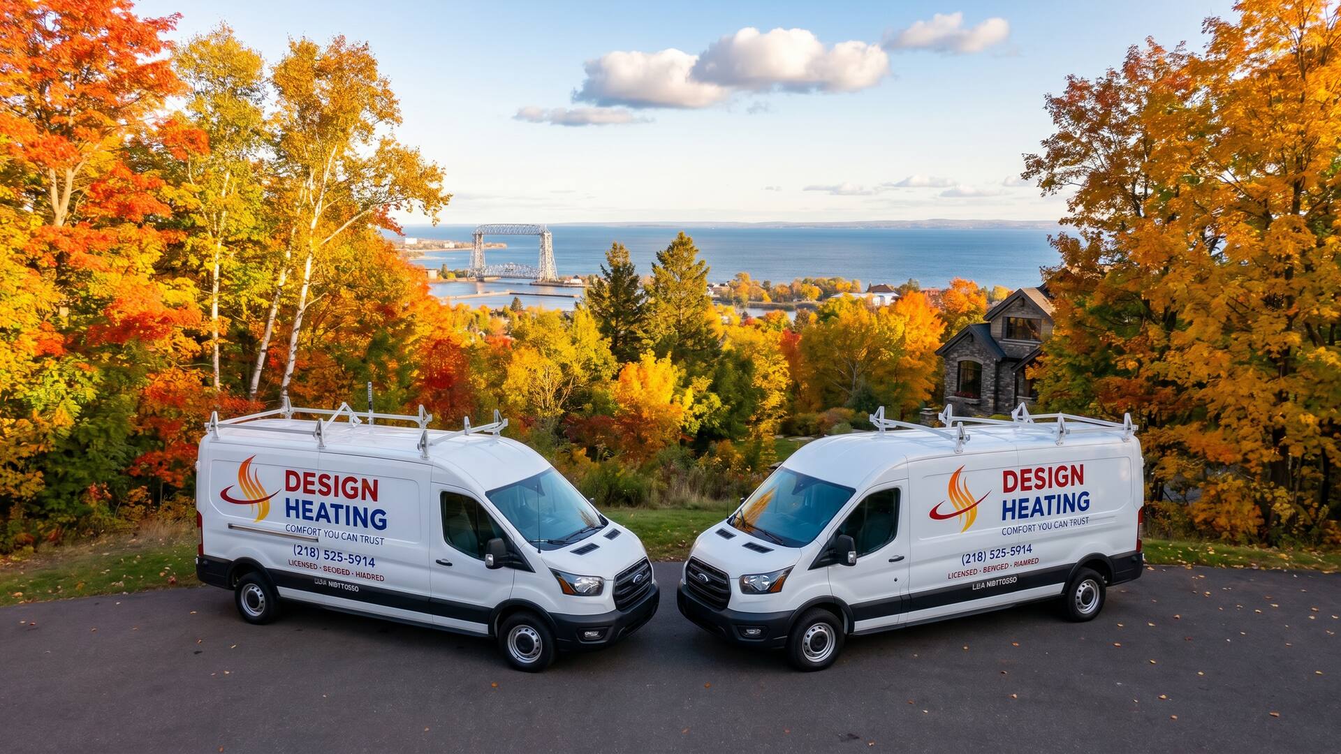 Two Design Heating service vans overlooking Lake Superior in autumn, with red, orange, and gold North Shore foliage and the Aerial Lift Bridge in the distance